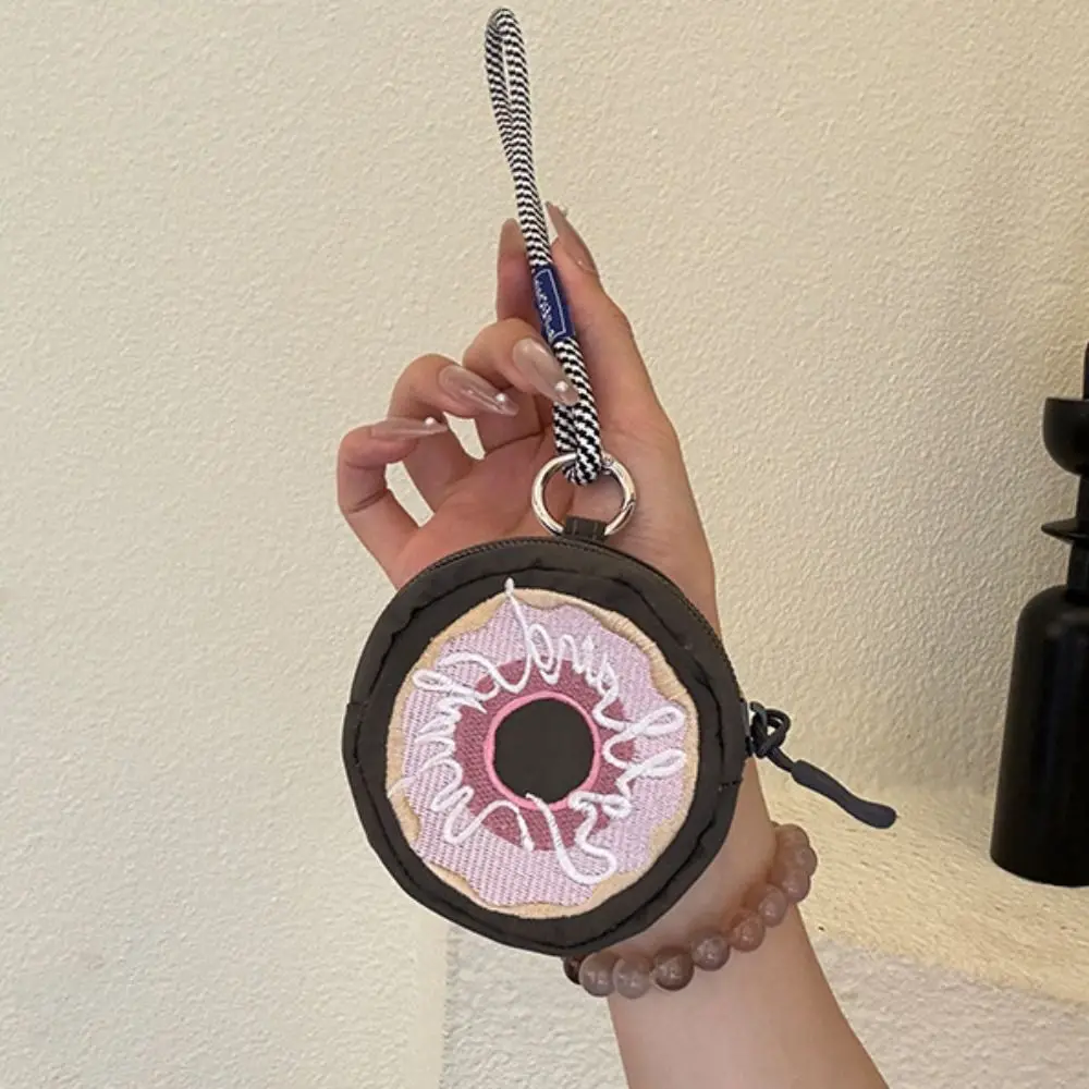 Bolsa de cambio, Mini monedero bonito con cuerda, Donut, llavero de nailon, billetera, bolsa para auriculares bordada con cremallera de gato para exteriores