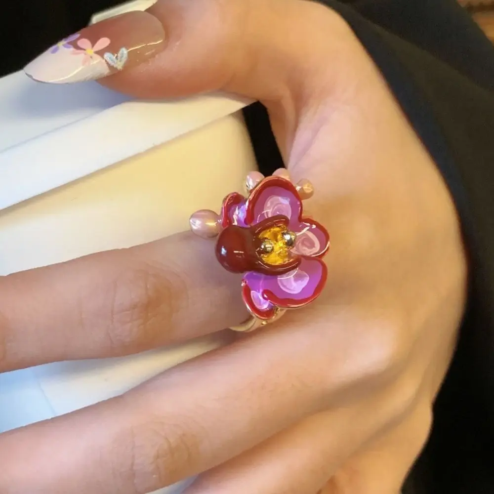 Sweet Drip Oil Flower Ring Butterfly Orchid White Iris Flower Enamel Finger Ring Trendy Ins Style French Irregular Ring Jewelry