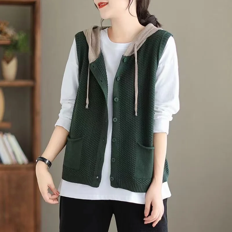 2024 New Hooded Knitted Vest Coat Women\'s Spring Autumn Sweater Sleeveless Jacket Design Sense Fashion Waistcoat Tide Female Top