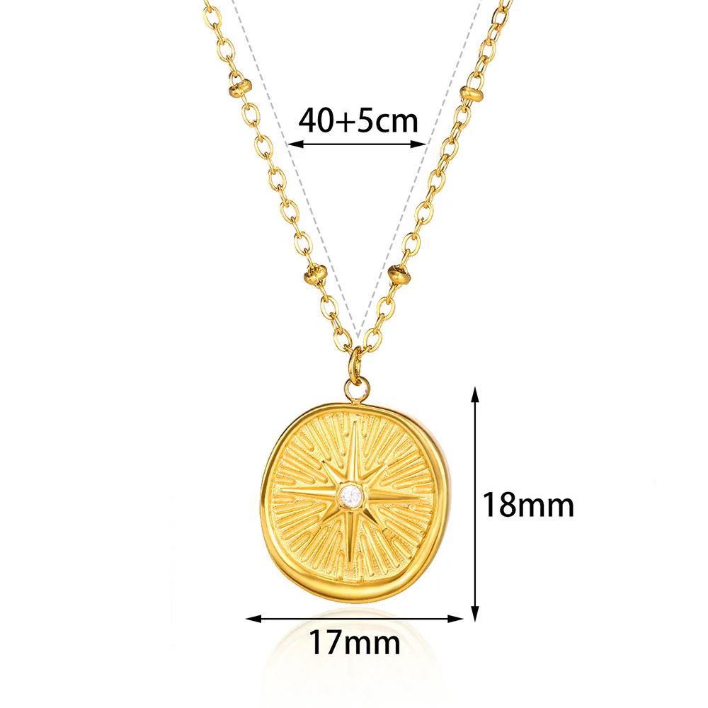 Trendy North Star Stainless Steel Pendant Necklace for Women Men Gold Plated Compass Coin Zircon Necklaces Jewelry Gift