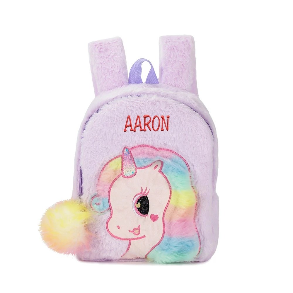 Cartoon Unicorn Plush Backpack para Baby Girls, Kindergarten Cute Schoolbag, nome personalizado, Princess Birthday Gift