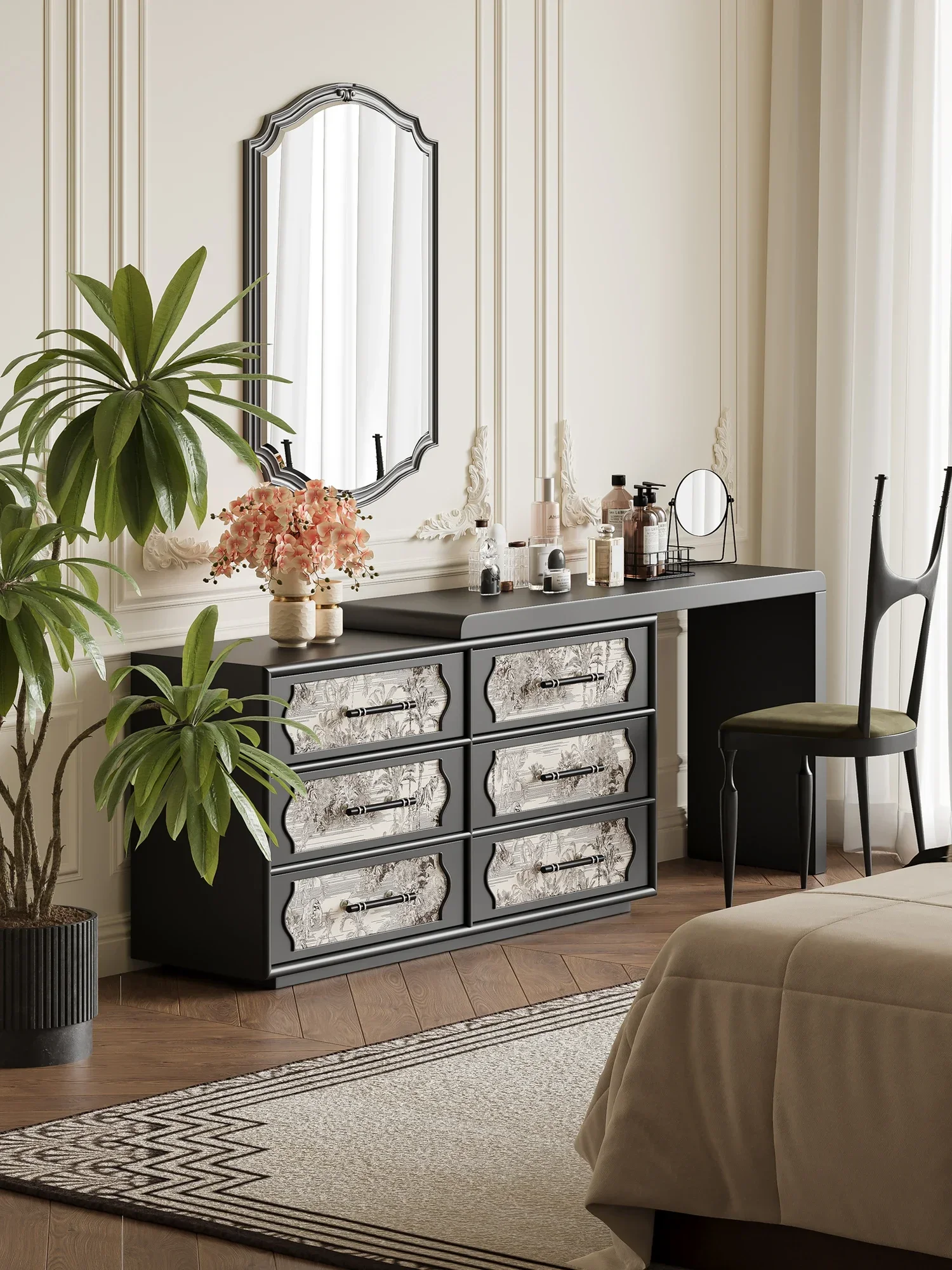 Retro pattern dresser living room bedroom bedside dressing table premium black storage