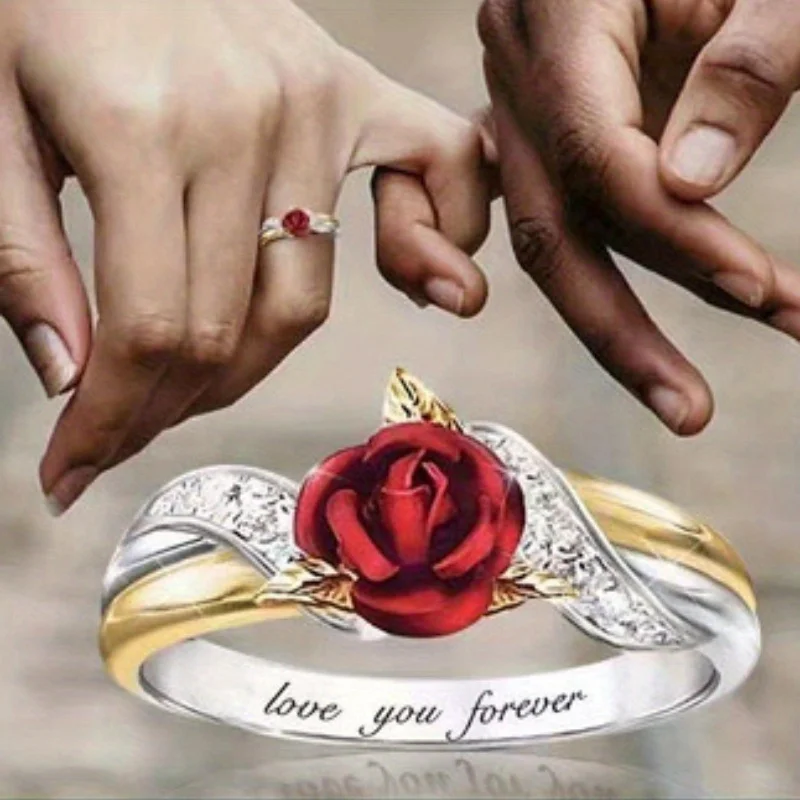 Elegant Red Color Rose Charm Ring Women Vintage-Inspired 'I Love You' Engraving Perfect Weddings Anniversaries  Valentine's Day