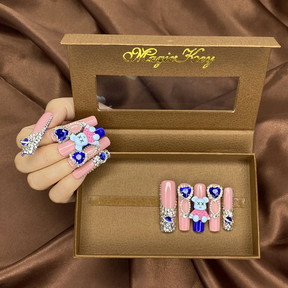 Uñas reutilizables de estilo francés con oso azul de cobertura completa, uñas postizas artificiales hechas a mano acrílicas de 45mm con precioso bailarina