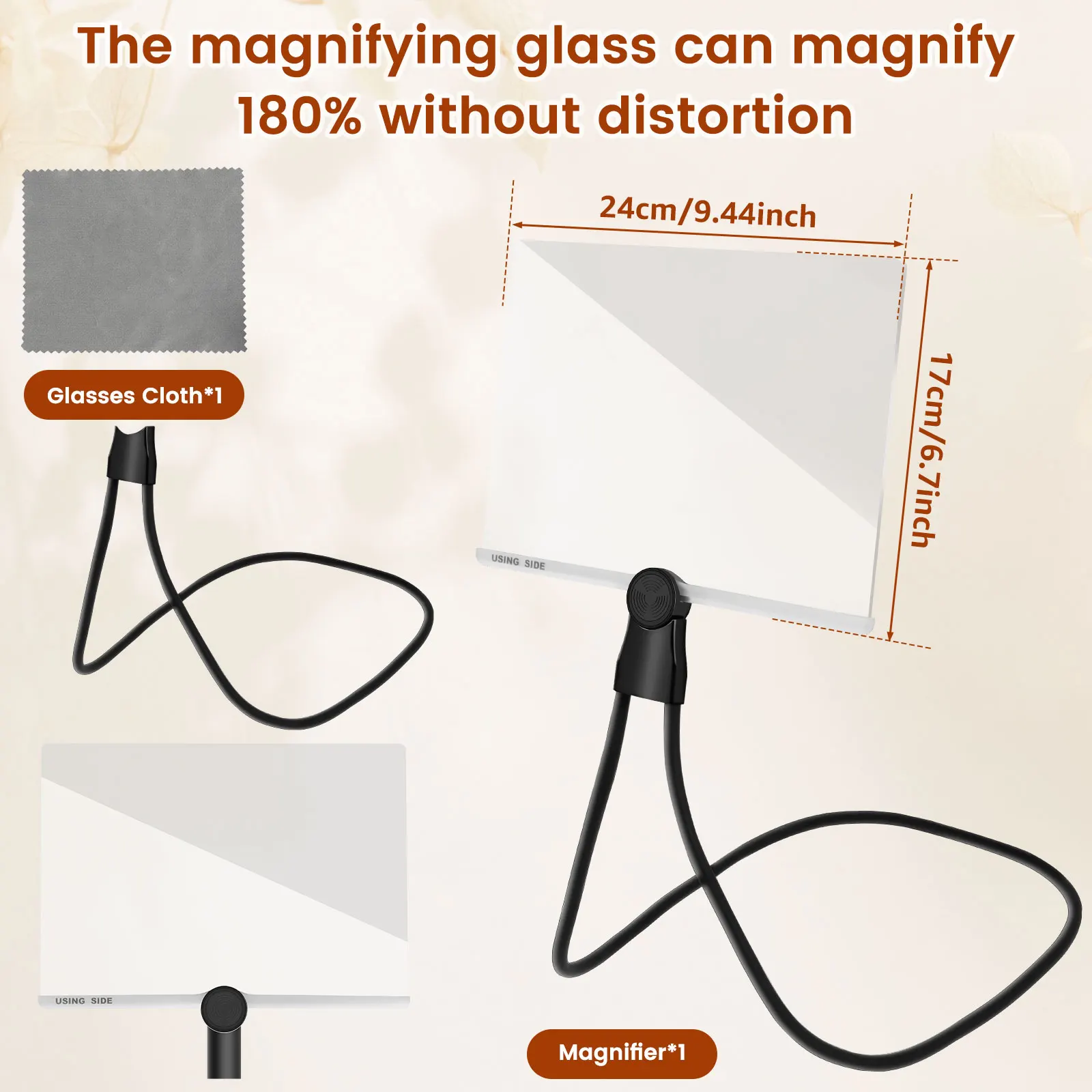 Hands Free Magnifying Glass Adjustable Neck Wear Magnifier 9.44×6.7inch Detachable Book Page Reading Magnifier for Seniors