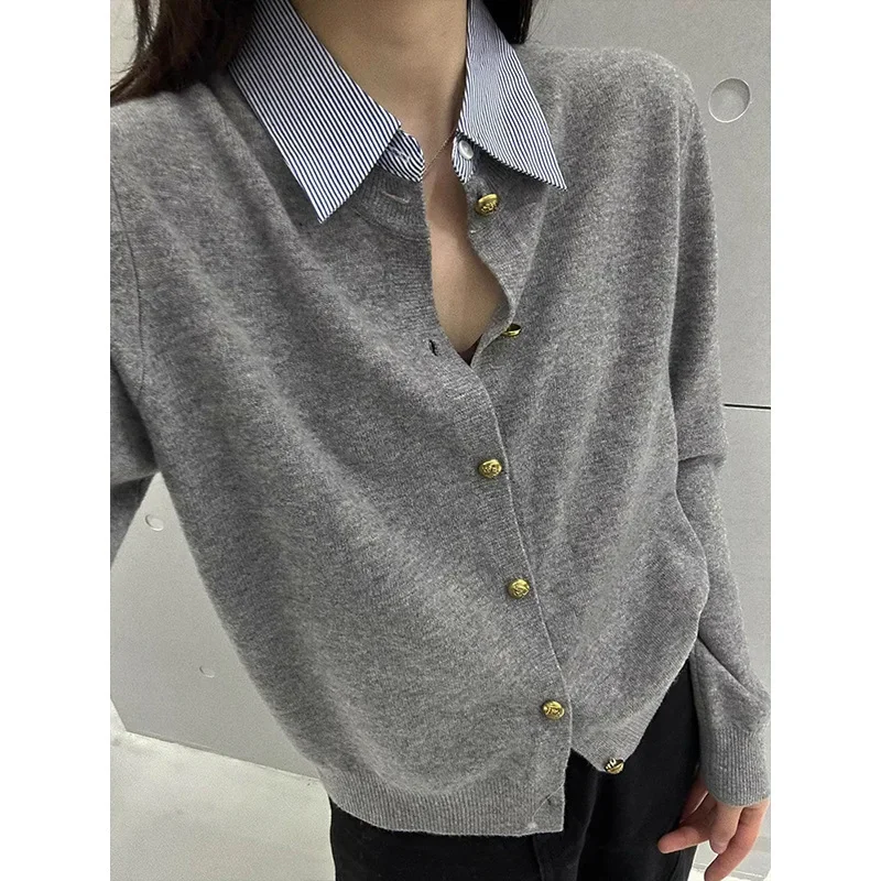 QWEEK Korean Style Fake Two Pieces Shirt Solid Color Elegant Basic Cardigan Long Sleeve Youthful Harajuku Autumn Women's Clothes