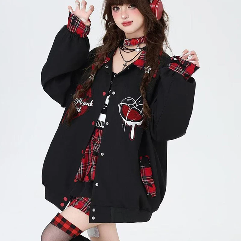 미국 서브컬쳐 패치워크 재킷 여성 싱글 브레스티드 체크 루즈 베이스볼 코트 고딕 캐주얼 스트리트 힙합 아우터웨어
