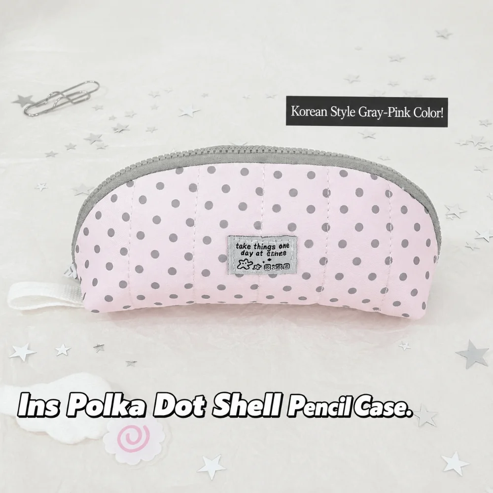 Portable Polka Dot Print Pencil Case Multi-Layer Large Capacity Pen Bag Shell Shaped Handheld Stationery Bag School Supplies