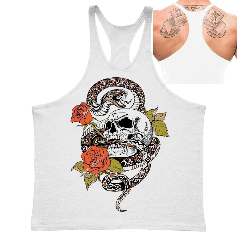 Men's Skull, Snake & Rose Graphic Stringer Tank Top, Tattoo - Style Print, Bodybuilding Gym Vest, Summer Casual Sleeveless Shirt