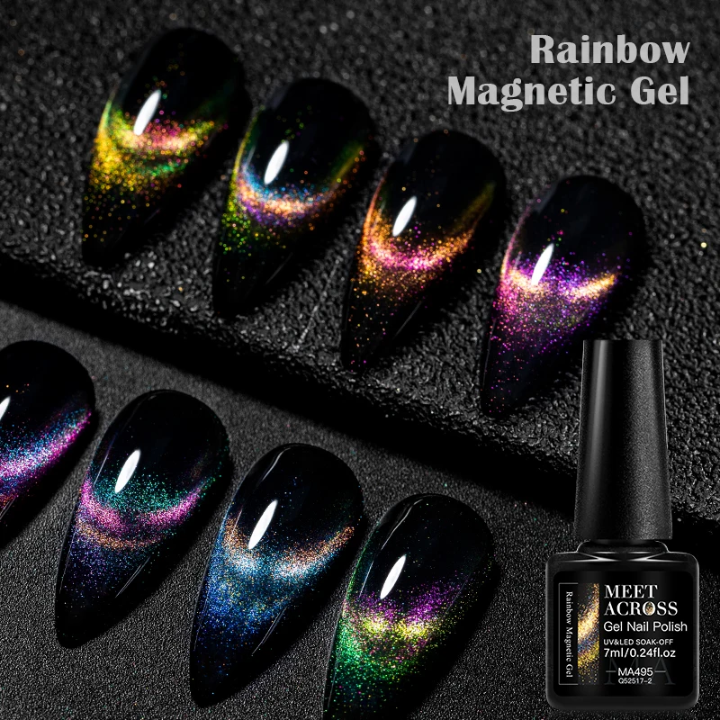 MEET ACROSS 7ml Rainbow Magnetic Gel 9D Cat Eye Gel Polish Galaxy Glitter Effect Nails Nail Art Soak Off UV Gel Hybrid Lacquer