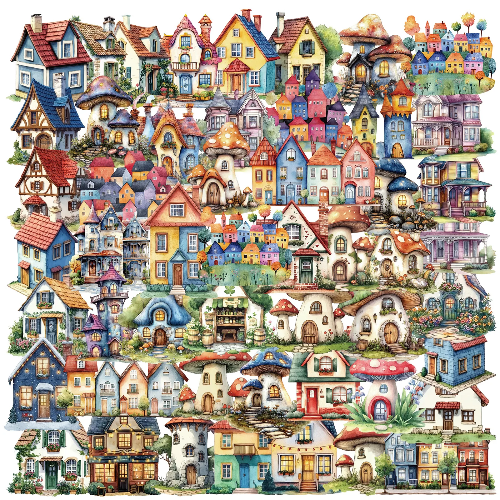 50Pcs Whimsical House PET Stickers, Mushroom Cottage Clear Decals, Stickers for Journal Scrapbooking Laptop Luggage DIY Decor