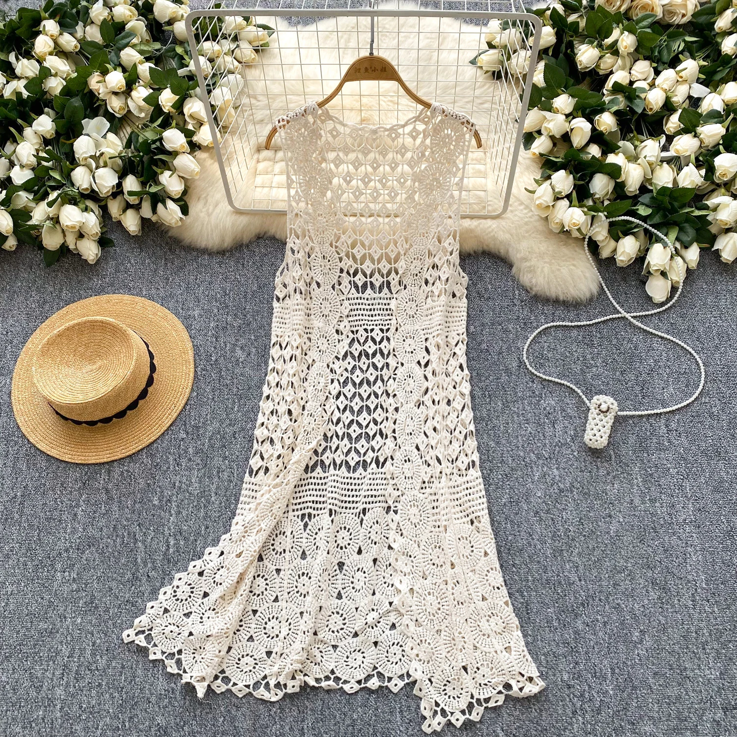 

2025 Spring Autumn Vacation Beach Outerwear Knit Cardigan Women's Bohemian Hollow Crochet Knitted Waistcoat Sun Protection Shirt