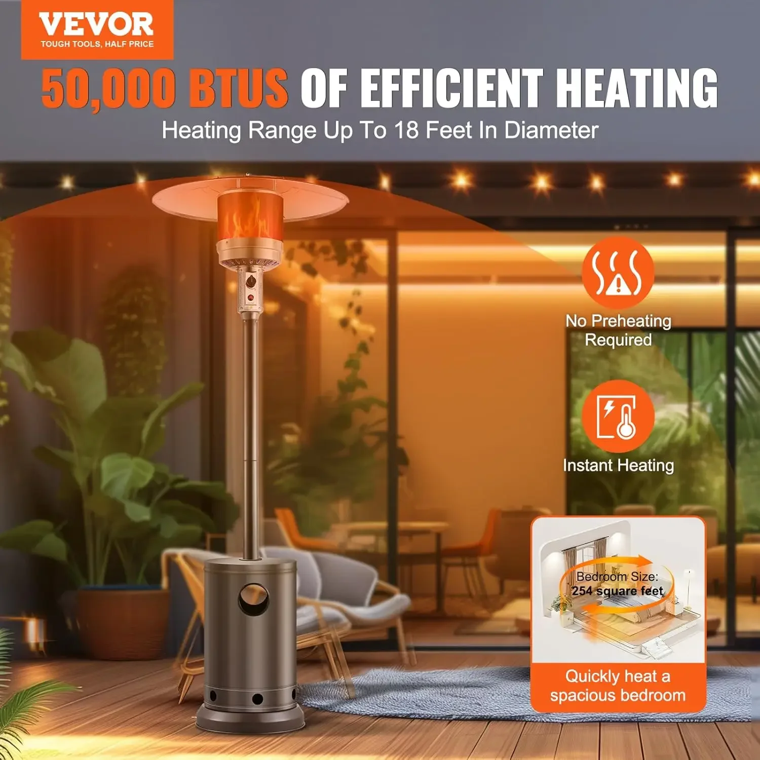 50000BTU Propane Patio Heater for Outdoor Use, Tall Hammered With Round Table Design, Metal Burner and Wheels, Fixed Flame Heate