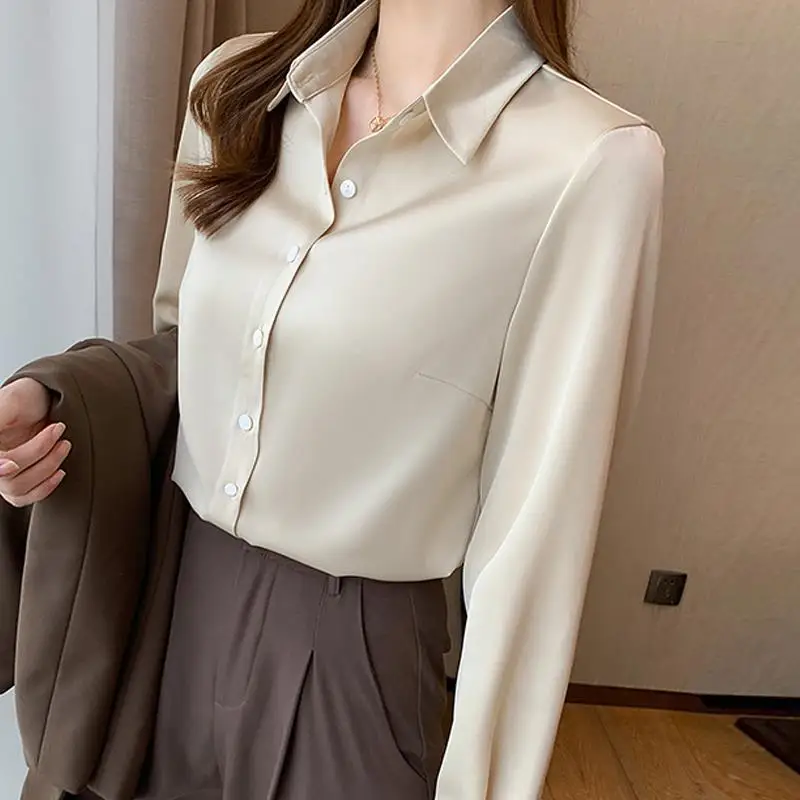 Elegant Solid Color Lapel Button All-match Satin Shirt Women Clothing 2022 Autumn New Casual Tops Long Sleeve Office Lady Blouse