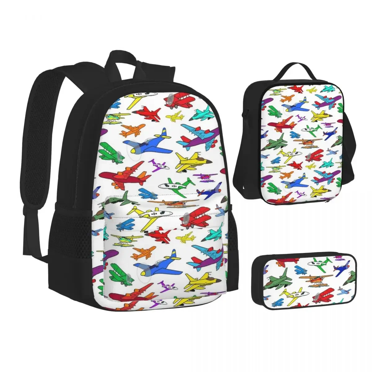 Aviões coloridos Mochilas para meninos e meninas, Sacos escolares infantis, Mochila Infantil, Lunch Bag, Pen Bag, Bookbag, 3 Piece Set