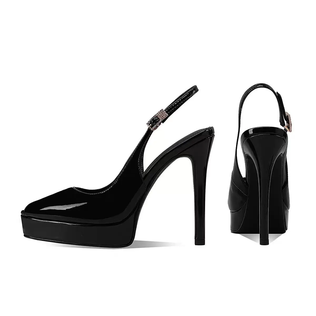 Patent Leather Peep Toe Platform Summer Women Sandals Stiletto High Heels Rhinestone Buckle Strap Design Large Size Shoes