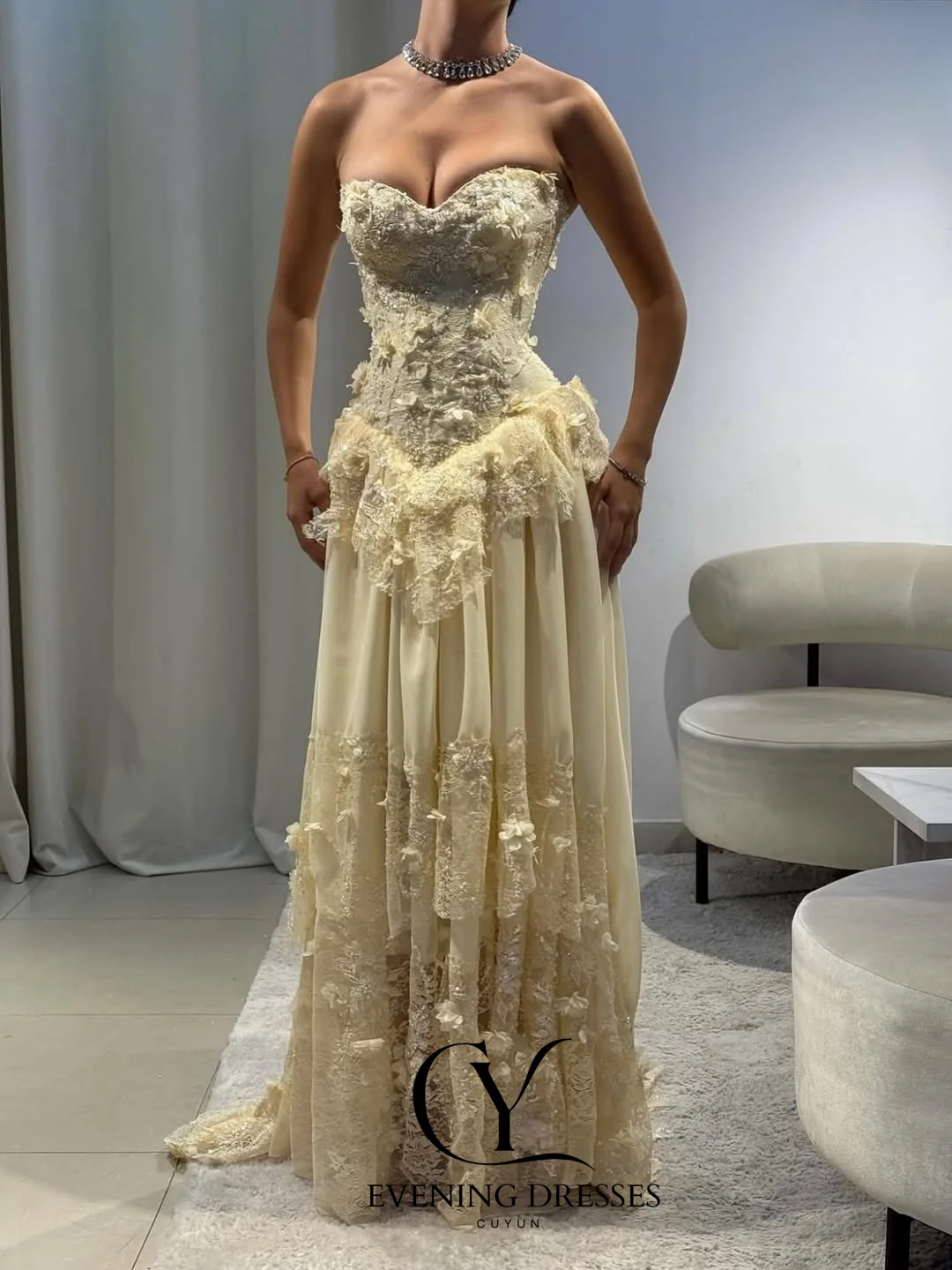 CUYUN ثوب مسائي فاخر 2025 على شكل قلب بدون حمالات دانتيل زينة فستان حفلة شيفون مخصص مشد خلفي فساتين لحضور الحفلات الموسيقية