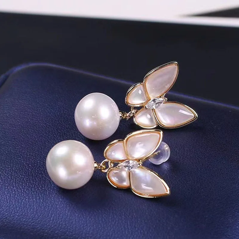 Natural MOP Butterfly Pearl Drop Earrings for Women Korean Jewelry 2023 Trending Fairy Luxury Gold Plated Women's Earrings New