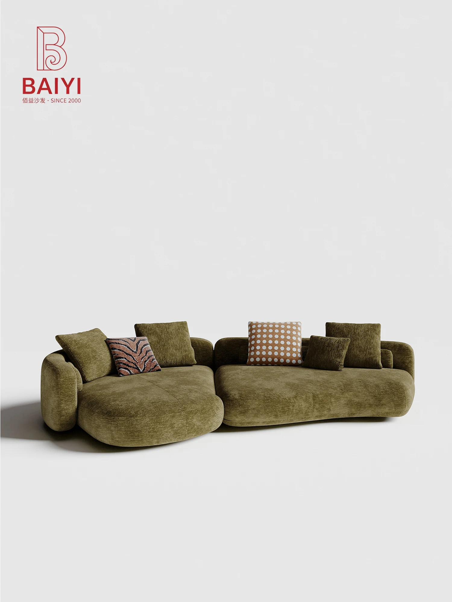 BAIYI Olive Green Curved Modular Sofa Chenille Organic Shape Corner Chaise Deep Seat Low Profile For Living Room Villa