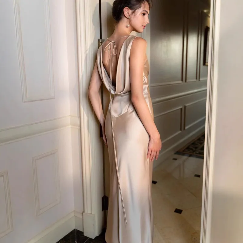 Cetim elegante maxi vestido de noite para mulher 2025 verão sem mangas sem costas robe vestido clube sexy vestido longo