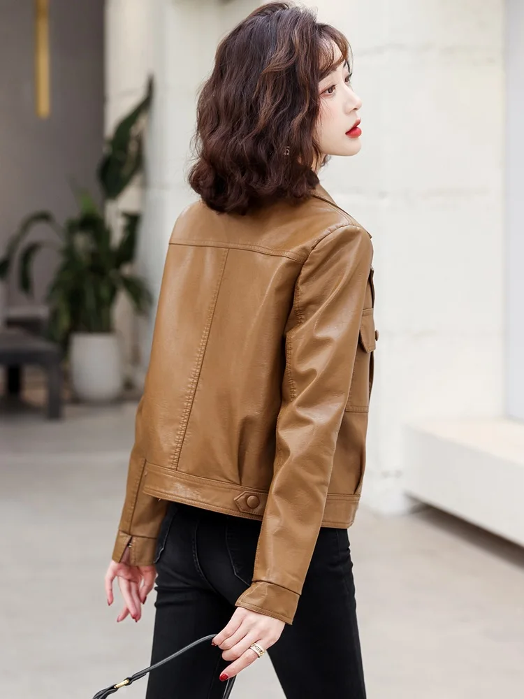 New Spring Autumn Women Leather Jacket Fashion Ladies Single Breasted Biker Coat Casual Short Tops Sheepskin Outerwear Female