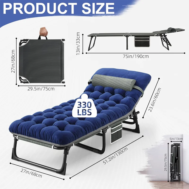 Camping Cot with Mattress, 4-Position Folding Camping Bed Hold up 330lbs, Portable Sleeping Cot for Camp, Beach, Patio image 2