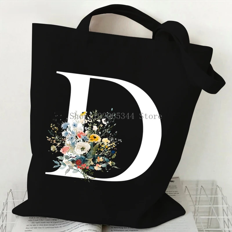 Fashion Shoulder Bag Aesthetics Wildflower 26 Alphabet A B Graphic Shopping Bags Vintage Letter Foldable Canvas Women\'s Handbags