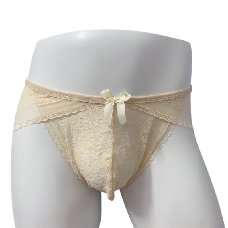 Men's Lace Trim Sheer Mesh Briefs with Bow U Convex Pouch Plus Size Underwear
