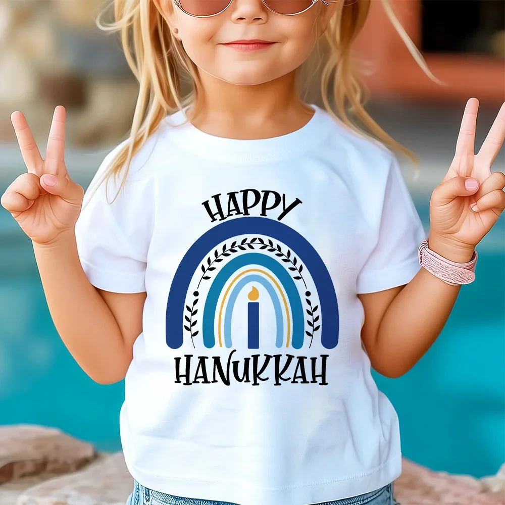 Happy Hanukkah Rainbow Printed Kids Shirts Short Sleeve Tee Jewish Holiday Outfit Tops for Boys & Girls Toddler Child Clothes
