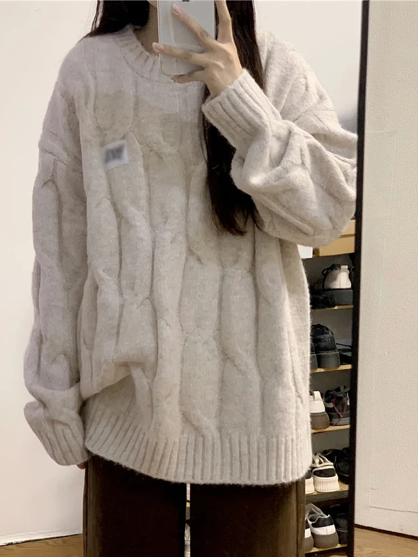 

Autumn Winter Thiened Loose Knitted round Ne Sweater Women's Comfortable Lazy Sle Korean Retro Matching Knitwear