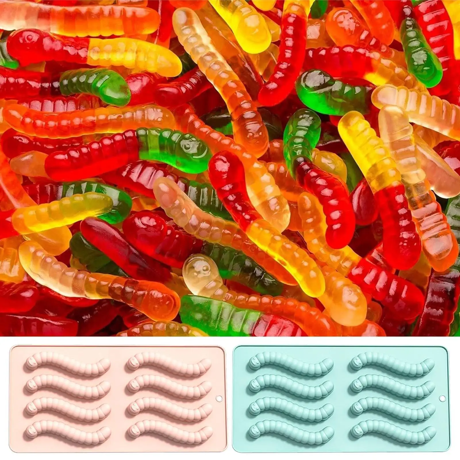 Molde de gusano de goma de silicona de calidad alimentaria, bandeja para hornear dulces, moldes para fondant de gusano, suministros de cocina para el hogar, golosinas de Navidad y Halloween