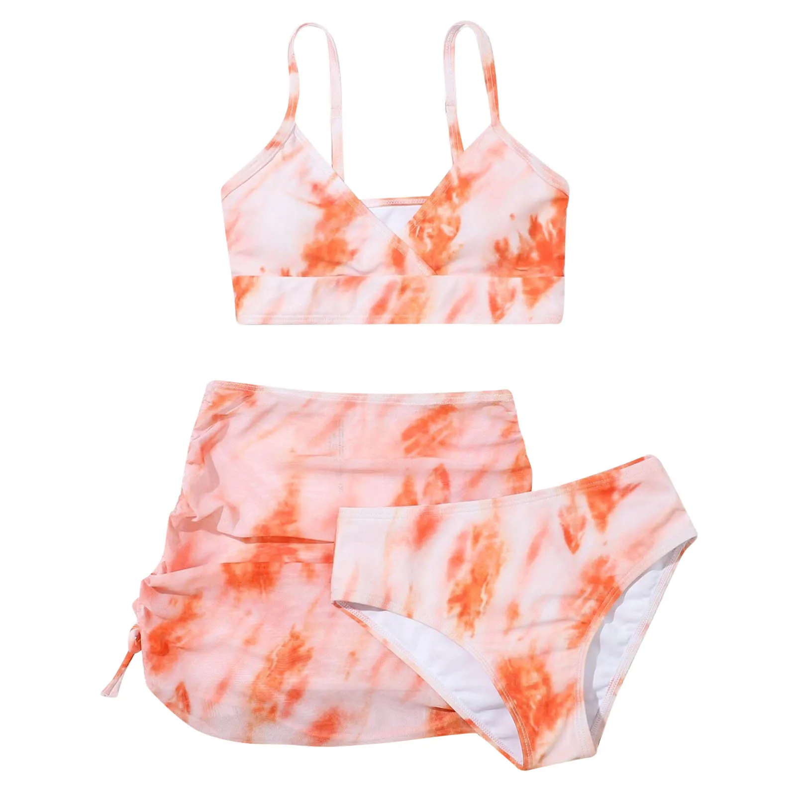 8-14Y Girls\' Summer Swimwear 2024 New Fashion Cute Crisscross Tie Dyeing Printing Floral Print Three Piece Swimsuit Bathing Suit