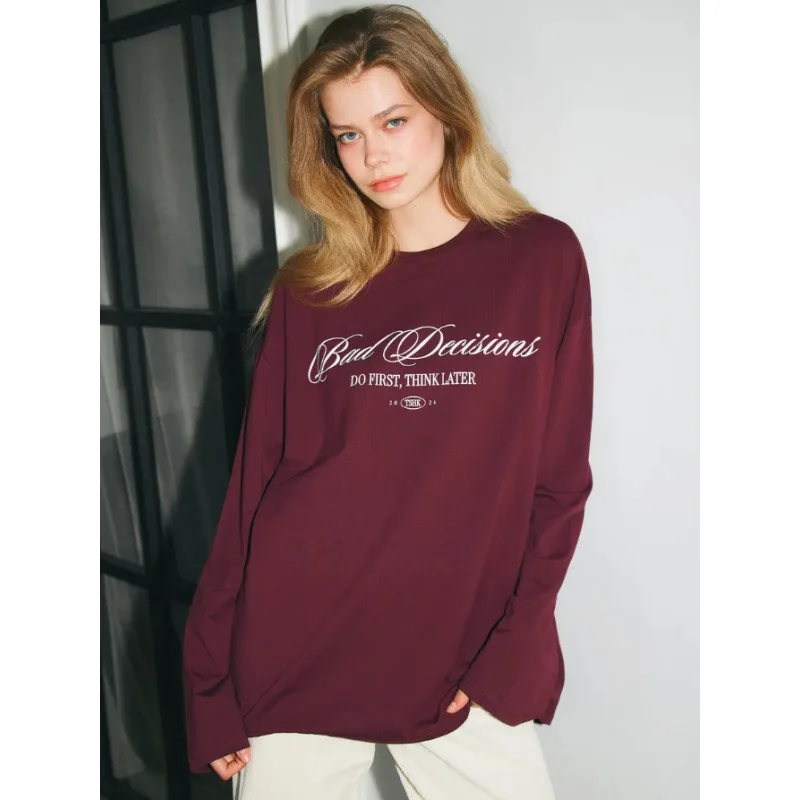 European Luxury College Navy Oversized Long Sleeve Tee Monte Carlo Monaco Print Soft Cotton Loose Women Casual Street T Shirt