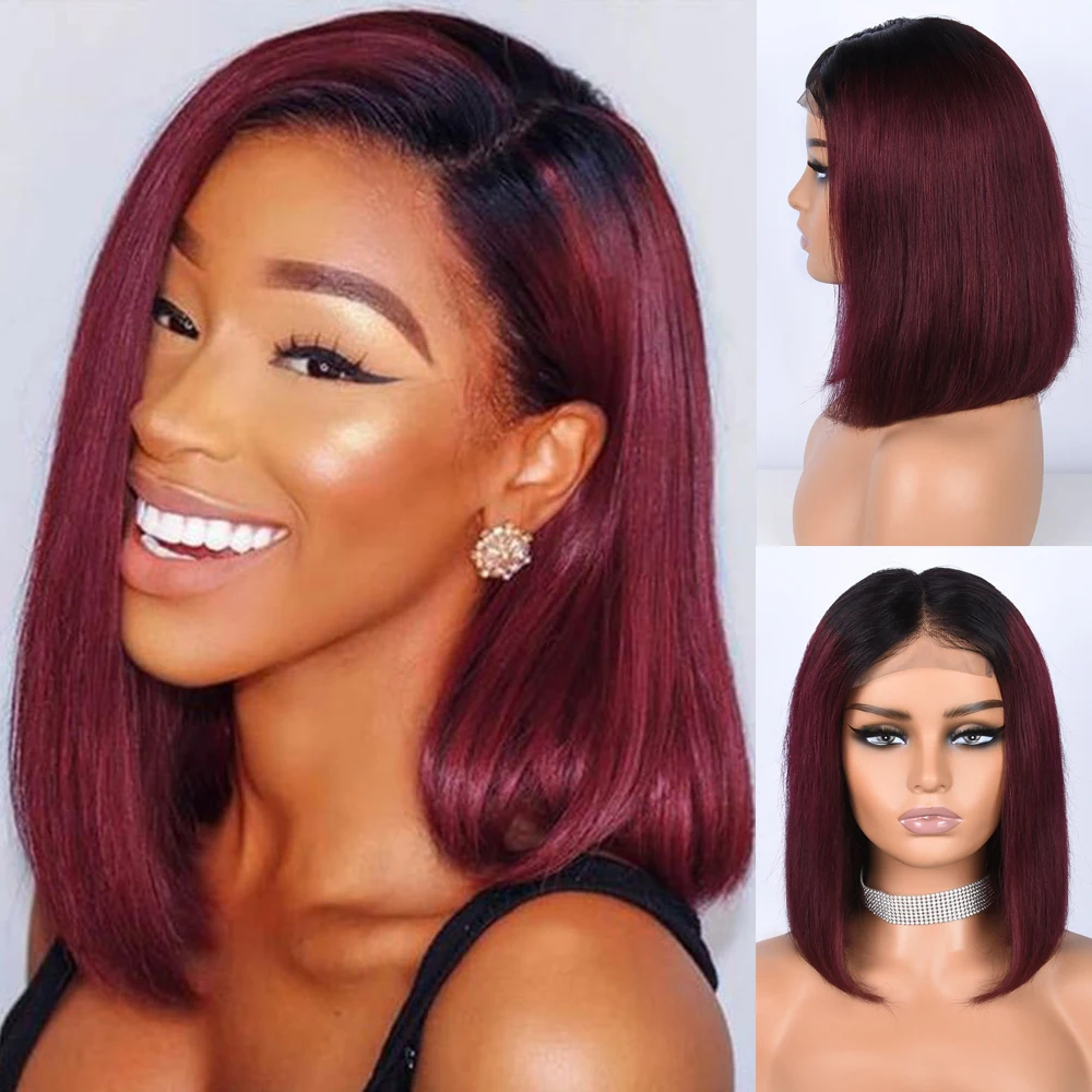 Wine Red Color Short Bob Human Hair Wigs Brazilian Transparent T1B99J 4X4 Lace Frontal Wig Human Hair for Women Pre Plucked Wig