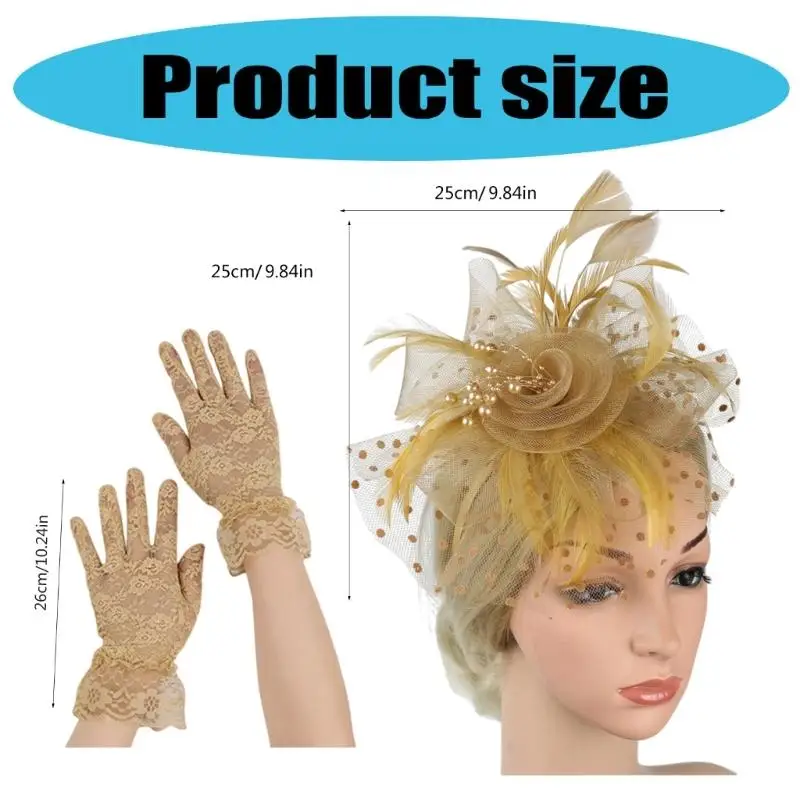 39BD Set aus zartem Brautschleier, Fascinator und Handschuhen mit Zierfedern für Bräute – Detail 6
