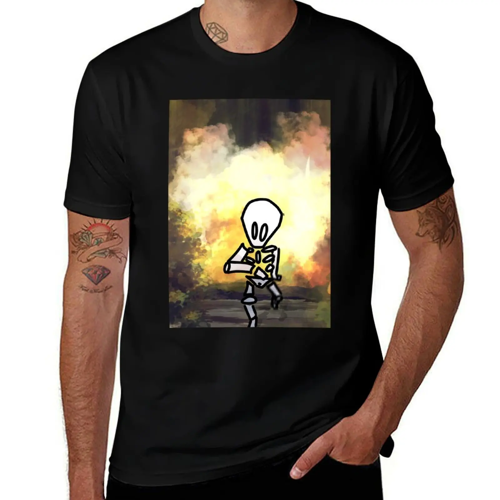 #019 Skeleton running away from an Explosion T-Shirt Casual Streetwear Short Sleeve Tee T-Shirt