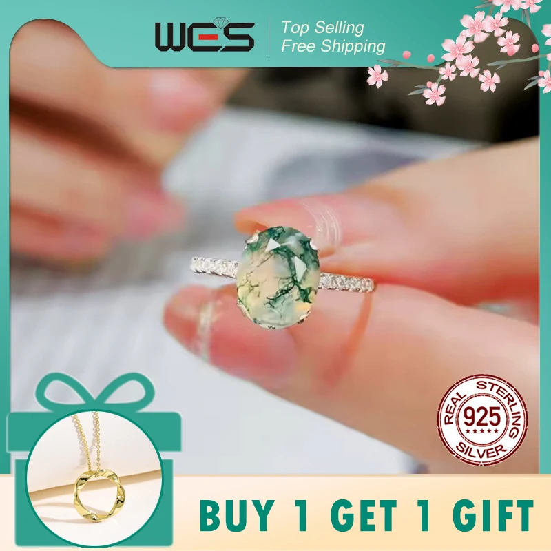WES 925 خاتم كلاسيكي من الفضة الاسترليني للمرأة خاتم كريستال عقيق الطحلب الطبيعي الفريد للأم هدية خطوبة عيد ميلاد بالجملة #1