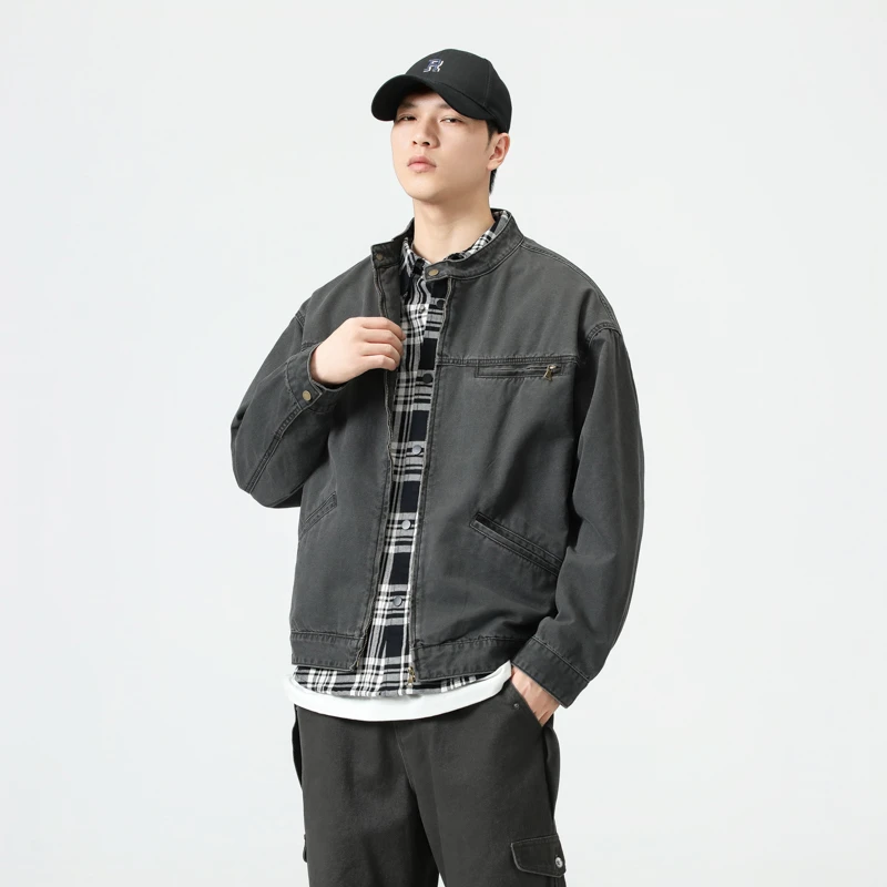 

Stand Collar Motorcycle Jacket Men Streetwear Fashion Loose Casual Plus Size Denim Bomber Cargo Jacket Cityboy Jeans Coat
