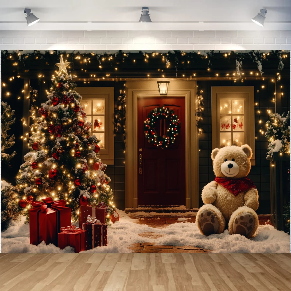 Christmas Party Banner Windows Bears and Gifts Backdrops Red Curtain Starry Sky Kids Family Photography Xmas Wall Backgrounds