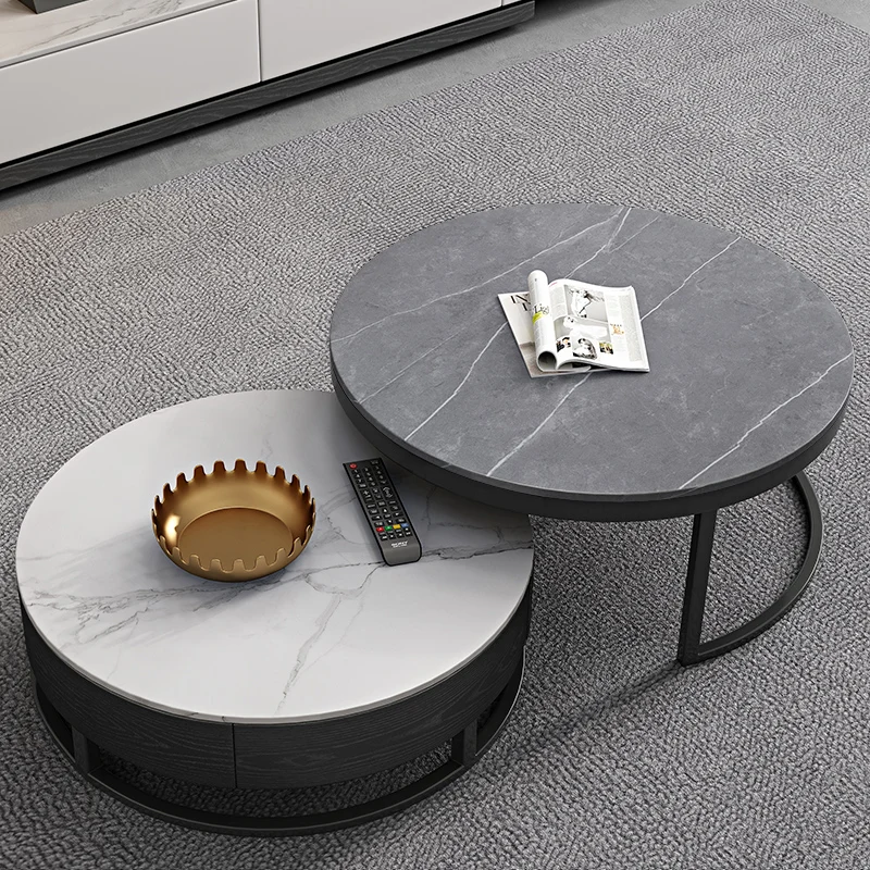 Modern Luxury Marble Top Wood Round Coffee Table Set Extendable for Home Living Room Furniture with Drawer Black Design 2025