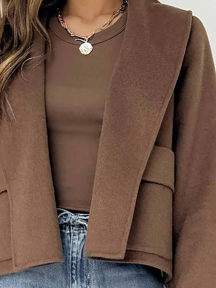 

Повседневное однотонное пальто с карманами для поездок на работу, элегантная осенне-зимняя удобная верхняя одежда, женская винтажная облегающая куртка с воротником с лацканами