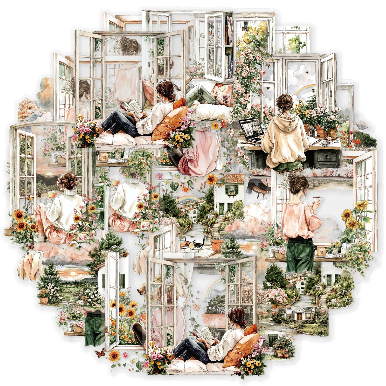 Etori Life Window View Sun Window-Side Girl with Sunset Scenery Paquete de pegatinas para mascotas Suministros para álbumes de recortes DIY, cuaderno, pegatinas para teléfono, álbum de fotos, decoración de habitaciones, papelería para estudiantes, pegatin