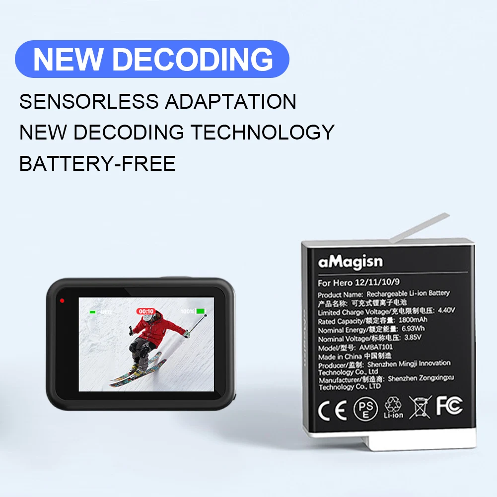 完全にデコードされたカメラバッテリー充電器、交換用リチウムイオン電池、GoPro Hero 12、11、10、9、1800mahに適合