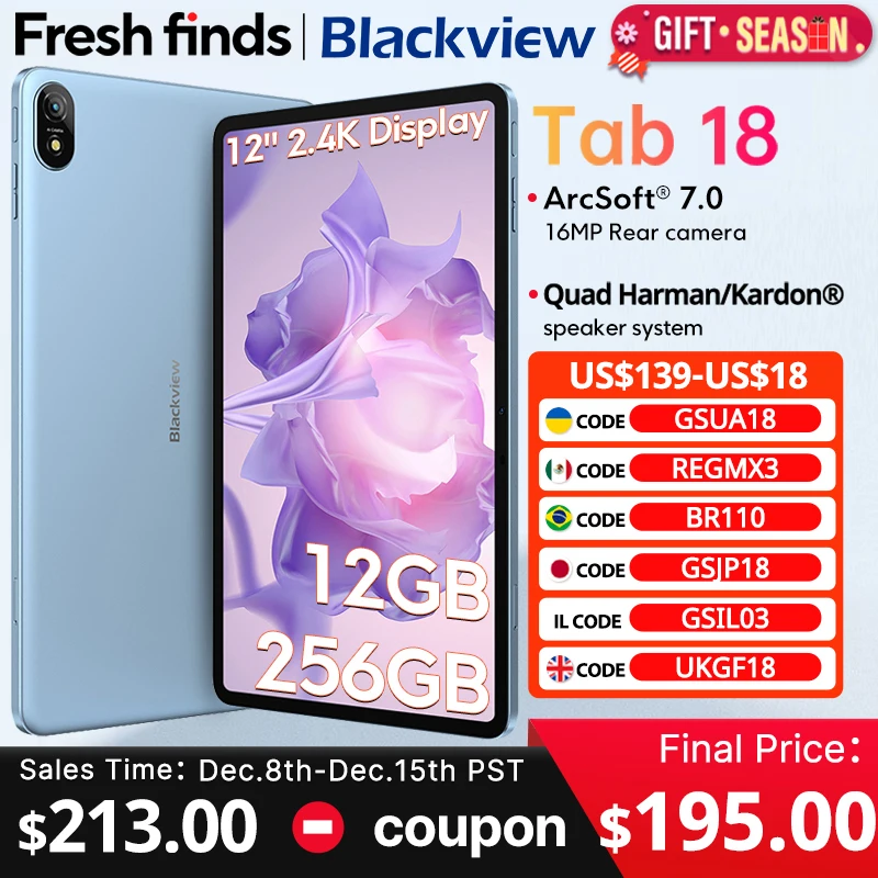 Blackview Tab 18 12-дюймовый планшет 12 ГБ + 256 ГБ 16 МП 2,4K FHD + дисплей 8800 мАч Аккумулятор Widevine L1 MTK Helio G99 33 Вт