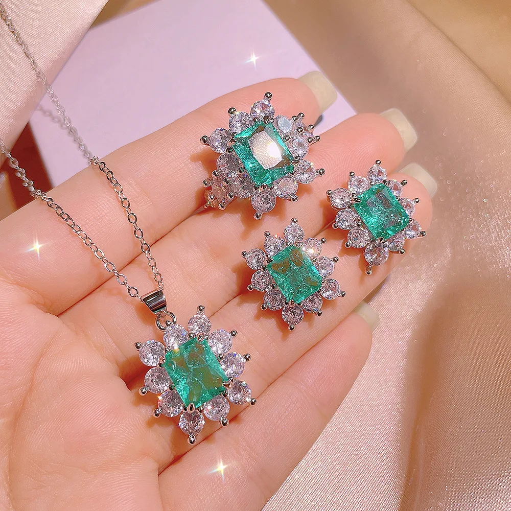 925 Silver Vintage Rectangle Emerald Jewelry Set Halo Starburst Zircon Necklace Earrings Women Party Ornaments