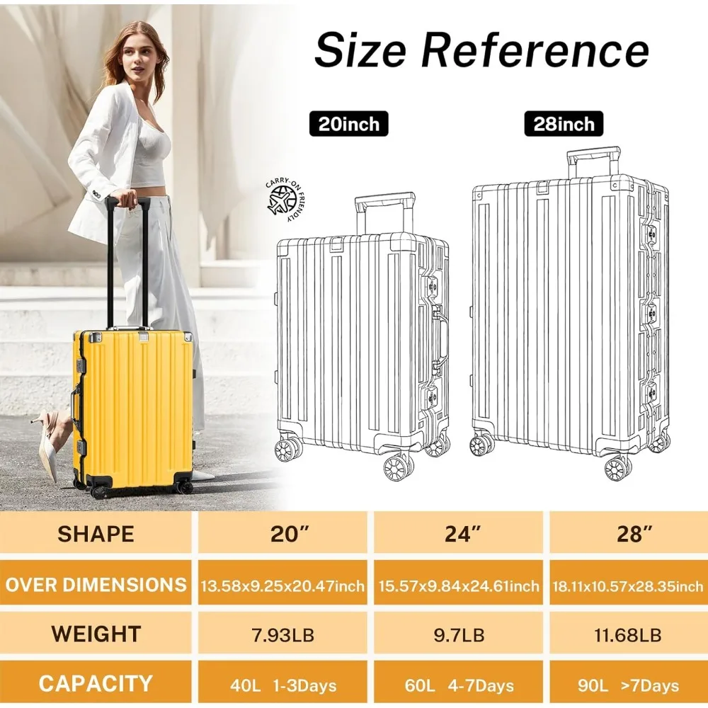 20 Inch Aluminum Frame Spinner Luggage with TSA Lock, Hardshell PC+ABS, No Zipper, Carry On Suitcase for Travel
