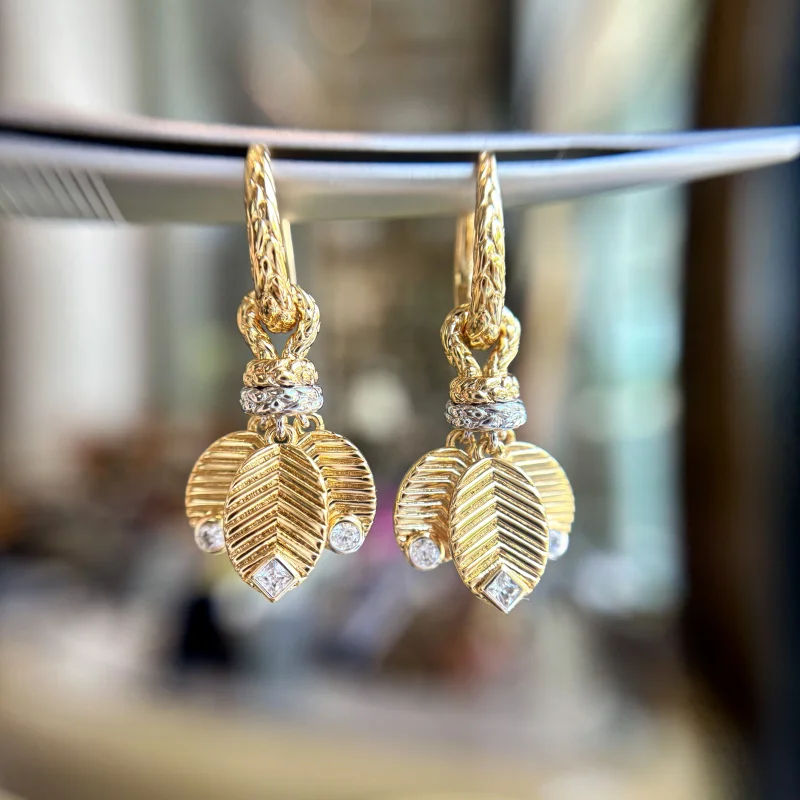 Cameo Vintage Twisted Hoop Leaf Drop Earrings Gold Plated 925 Silver Textured Metal Zircon Earrings Ladies Daily Wear Jewelry