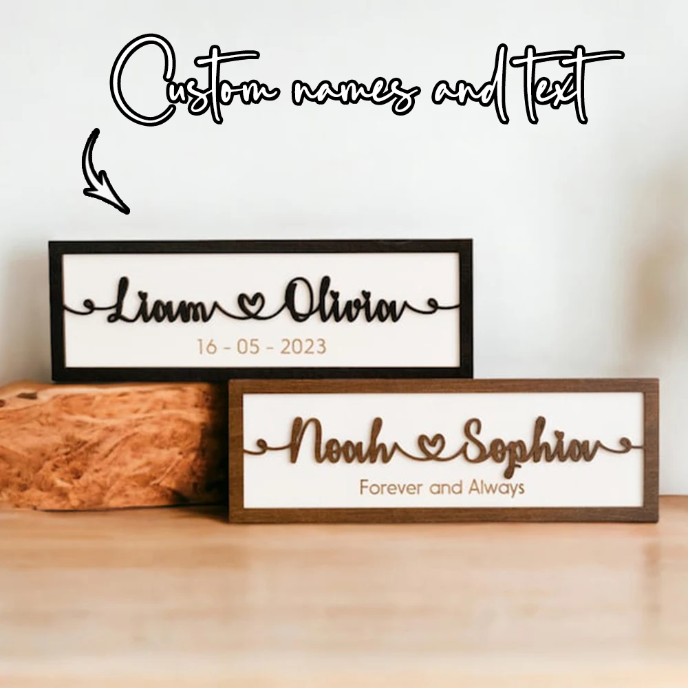 Custom Couple Names Heart Linked Wooden Frame Sign Wedding Engagement Anniversary Tabletop Farmhouse Home Decor Romantic Keepsak
