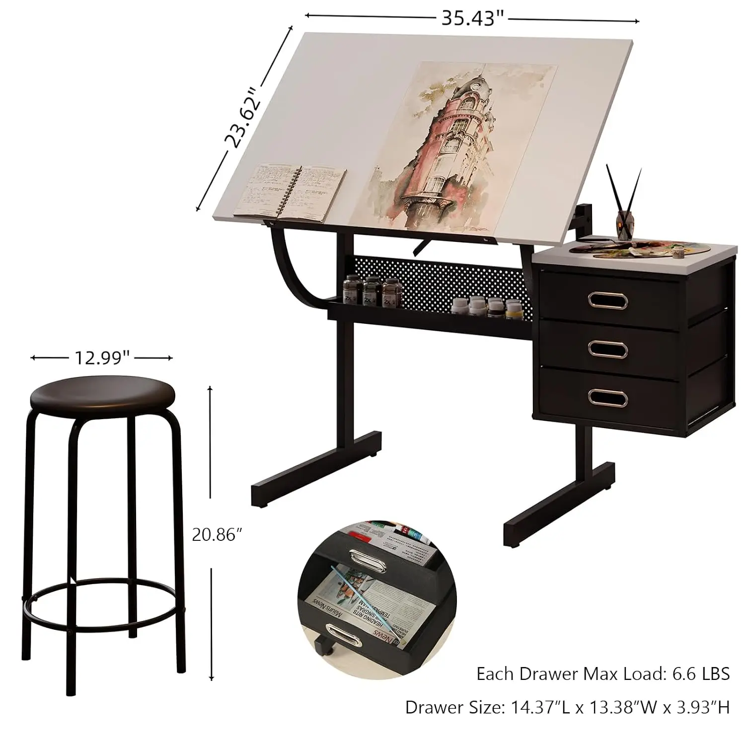 Angle Adjustable White Drafting Table with 3 Storage Drawers & Stool