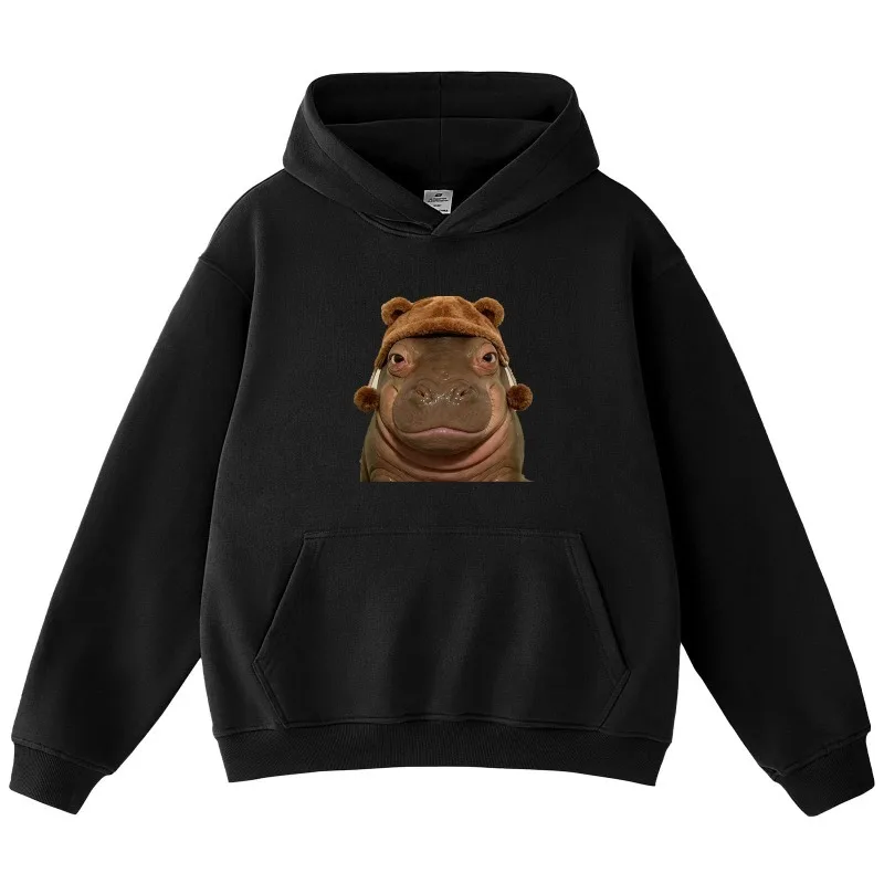 قبعة فرس النهر الرجعية المطبوعة هوديي للجنسين المتضخم عارضة الشارع نمط الرسم طويلة الأكمام البلوز الخريف اليومية العصرية أعلى